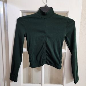 ZARA Green Ruched Mock Neck Crop Top Long Sleeve Stretch Cotton Size L